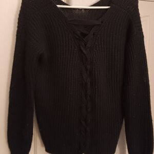 Black Knit Sweater with Lace-Up Front